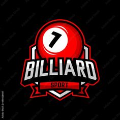 the billiard sport logo is shown on a black background with red and white stripes