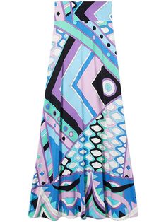 blue/multicolour abstract pattern print high-waisted side zip fastening A-line fluted skirt straight hem long length Versace Outfit, Yoko London, Chanel 2, City Dress, Summer Beach Wear, Emilio Pucci, Ballet Flat Shoes, Ski Wear, Lady Dior