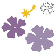 two flower cut outs are shown in purple and yellow