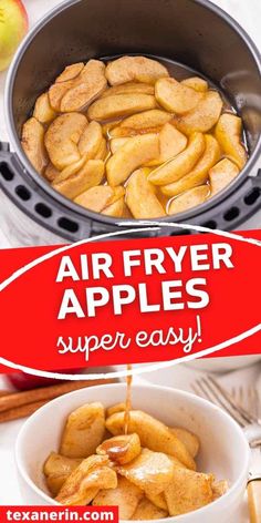 an air fryer with apples in it and the words, air fryer apples super easy