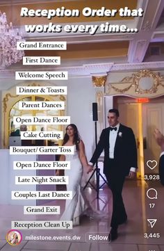 a man and woman in formal wear walking through a hall with the words reception order that works every time