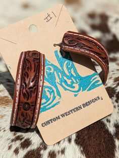 Adjustable Brown Hoop Earrings, Adjustable Brown Hoop Jewelry, Western Brown Stamped Jewelry, Western Style Stamped Brown Jewelry, Western Brown Hand-tooled Jewelry, Western Style Hand-tooled Leather Jewelry, Western Stamped Brown Jewelry, Western Hand-tooled Leather Jewelry, Tooled Leather Phone Case