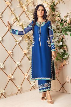 Zena | Pakistani Designer Outfit | Sarosh Salman Blue Dupatta, Net Shirt, Blue Colour Dress, Designer Outfit, Dresses Design, Applique Work, Crystals Beads, Pakistani Wedding Outfits, Desi Fashion Casual