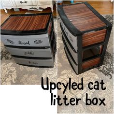 an upcycled cat litter box is shown in two different colors and sizes, with the bottom painted black