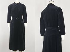 "Late 1940s/early 1950s black dress  ~Black velour ~Front hip pockets  ~Back pleated tails on skirt ~Matching belt ~Side metal zipper and back neck zipper ~Unlined Dry cleaned and ready to wear. Condition: Very good. Wear to belt buckle and a few small spots/wear spots on skirt near hem and faint spots on bodice near belt buckle. Size: Fits like a modern Small *please consult measurements to ensure an accurate fit Measurements Bust: 36-37.5\" Waist: 27\" Dropped waist: 32\" Hip: 44\" + pleats Sh 1940s Black Dress, 1950s Black Dress, Cocktail Formal Dress, 1950s Party Dresses, Black Peplum Dress, Wool Knitted Dress, Sequin Sheath Dress, Cocktail Formal, Pin Up Dresses