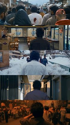 several different images of people in the snow and on the ground, one is looking at something