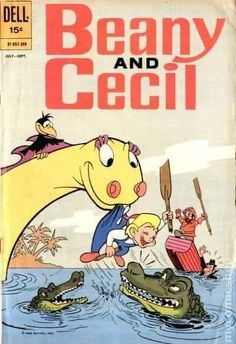 an old comic book with cartoon characters on the cover and alligators in the water