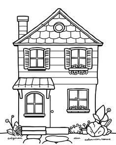 a house that is outlined in black and white with flowers on the ground below it