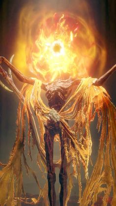 a demonic looking creature standing in front of a fireball with its arms spread out