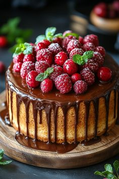 a chocolate cake topped with raspberries and mint leaves on a wooden platter