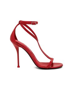 Red T-strap Heels For Party, Red Open Heel Sandals For Summer, Red High Heel Sandals For Evening, Red Open Heel Sandals For Party, Red T-strap Heels For Formal Occasions, Elegant Red Strappy Sandals, Red High Heel Sandals With Buckle Closure, Red Heels With Single Toe Strap For Evening, Red Single Toe Strap Heels For Formal Occasions