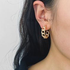 Material: 18K gold plated on brass, lead nickel free Size: 23mm by 8mm wide approx. ( see pic 2) Quantity: 10pcs=5 pairs (no earring backs included) Ear backs to match: https://www.etsy.com/shop/Nbeads?ref=seller-platform-mcnav&search_query=ear+back Jump rings(same/ similar gold color) to match: https://www.etsy.com/listing/587655398/100pcs-real-gold-plated-brass-open-jump?ga_search_query=jump%2Bring&ref=shop_items_search_3&pro=1&frs=1 More gold findings here: https://www.etsy.com/shop/Nbeads?re Gold Hoop Earrings With Chain Detail, Trendy Gold Earrings With Chunky Chain, Gold Hoop Earrings With Gold Chain, Gold Hoop Earrings With Gold Chain For Gift, Gold Hoop Earrings With Gold Chain For Everyday, Everyday Gold Hoop Earrings With Chain, Everyday Gold Hoop Earrings With Chain Detail, Twist Hoop Earrings, Thick Hoop Earrings