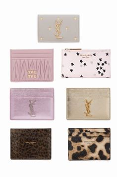 six different types of wallets with stars and leopard print on the front, one in pink