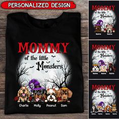 Mommy Of The Little Monsters Halloween Personalized Black T-shirt Themed Black T-shirt With Letter Print, Funny Black Customizable T-shirt, Themed Black T-shirt Gift, Novelty Black T-shirt For Gift, Novelty Black T-shirt As A Gift, Themed Black Tops As Gift, Novelty Black T-shirt As Gift, Black Novelty T-shirt With Custom Print, Black Tops With Character Print For Gift