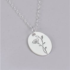 Birth Flower necklace with Morning Glory Design for September birth month. This hand-drawn design on sterling silver keepsake jewelry is simple enough for everyday wear. This custom necklace is a perfect gift for Grandma, Mom or Daughter on her Birthday, for Christmas or Mother's Day. *Charm: 13mm by 18mm *Chain Selection: 16-24 inch *Handcrafted from sheet metal with secure connections *Satin Finish .925 Sterling Silver, 14/20 Rose Gold Filled or 14/20 Yellow Gold Filled *Boxed in simple Kraft Adjustable Silver Necklace With Birth Flower, Dainty Silver Birth Flower Necklace, Silver Birth Flower Charm Necklace, Silver Dainty Birth Flower Necklace, Sterling Silver Birth Flower Charm Necklace, Delicate Sterling Silver Birth Flower Necklace, Sterling Silver Birth Flower Necklaces, Delicate Sterling Silver Birth Flower Charm Necklaces, Delicate Personalized Sterling Silver Flower Necklace