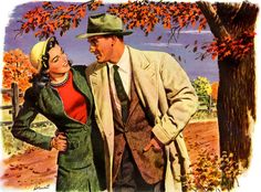 a man and woman standing next to each other in front of a tree with leaves on it