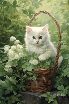 a painting of a white cat sitting in a basket surrounded by flowers and greenery