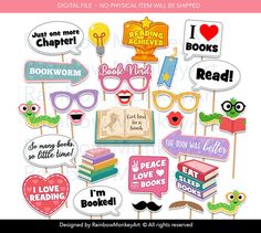 a bunch of photo props that are in the shape of books and reading related items