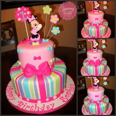 a birthday cake decorated with minnie mouse decorations