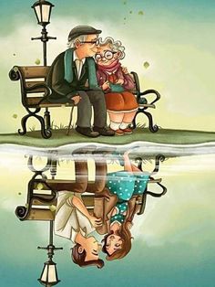 an old man and woman sitting on a bench next to each other with their reflection in the water