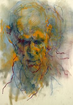 a drawing of an old man's face with yellow and blue streaks on it