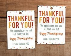 two thanksgiving gift tags with the words, thank you for you and happy thanksgiving from hillside pro