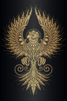 an ornate golden bird on a black background