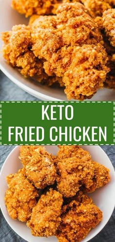 two plates with fried chicken on them and the words keto fried chicken above it