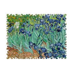 a painting of blue irises in the garden