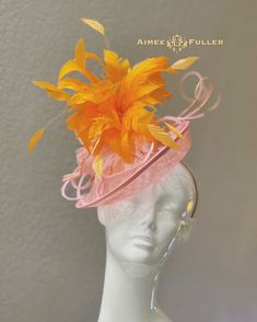 Fitted Feather Hat For Royal Ascot, Fitted Brimmed Fascinator For Royal Ascot, Feathered Fascinator With Curved Brim, Fitted Hat With Pinched Crown For Royal Ascot, Fitted Top Hat With Feathers For Royal Ascot, Spring Festival Fitted Feather Headpieces, Orange Mini Hat For Kentucky Derby Races, Spring Feather Headpieces, Fitted High Crown Boater Hat For Races