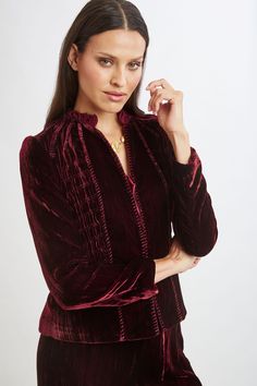 Experience the epitome of luxury with Elie's Plisse Velvet Jacket. Designed with intricate detailing and embroidery, this jacket defines designer. Pair it with its matching velvet pant or with denim for chic night out. Limited Edition 50th Anniversary Collection Elie Tahari Exclusive Plisse Velvet Embroidered Jacket 82% Viscose, 18% Silk Runs true to Size Length From Waist to Hem: Back 22.5"L, Sleeve 32.75"L (approx. length for size 6) Model is 5'9" and wearing size 2 Dry Clean Only Imported Sty Velvet Pant, Jumpsuit Jacket, Long Sleeve Short Dress, Velvet Pants, Elie Tahari, Velvet Jacket, Embroidered Jacket, Knit Tees, Denim Coat