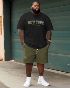 Less is more, this men's set incorporates letter element style. The black T-shirt and green shorts create a sense of contrast and bring a different visual effect. The simple yet detailed design shows the man's calmness and restraint while revealing his extraordinary fashion taste. Whether casual or formal, this set is easy to control. Type: Short-Sleeved T-Shirt Shorts Set Design: Print, Letter Element Style, Green, Black Style: Casual Version: Loose Neckline: Crew Sleeve Length: Short Sleeves O Styles For Big Men, Fat Guy Outfits, Plus Size Black Men, Graffiti Elements, Outfits For Big Men, Street Cartoon, Extraordinary Fashion, Big Shorts, Big And Tall Style