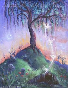 an oil painting of a tree on top of a hill with flowers and stars in the sky