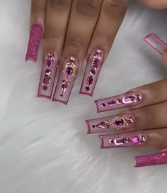 Pink Bling Acrylic Nails, Pink Gem Nails, Gel Nails Art, Magenta Nails