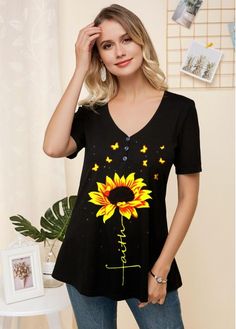 Color:Black;Size:XS;Package Contents:1 X T Shirt;Clothing Length:72.00;Composition:70% Polyester , 30% Cotton;Washing Instructions:Hand Wash /Machine Washable;Style:Casual;Clothing's Length:Regular;Neckline:V Neck;Pattern Type:Floral;Sleeve's Length:Short Sleeve;Color Scheme:Black; Stylish Tops For Women, Trendy Tops For Women, Bee Kind, Trendy Fashion Tops, Sunflower Print, Casual Tops For Women, Short Sleeve T Shirt, Online Tops, Vintage Style Outfits