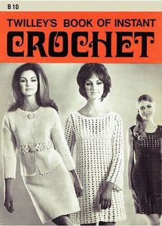 an advertisement for crochet featuring two women in dresses