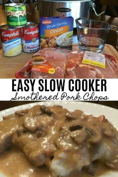 an easy slow cooker meal with meat and gravy on the side is shown