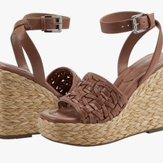 Women's Godina Espadrille Square Toe Wedge Sandals 4.53" Wedge Heel, Platform Height - 1.57" Shoe Width - Medium Buckle Closure Textile And Faux Leather - Polyurethane Or Faux Leather - Polyurethane Upper, Manmade Lining, Manmade Sole Open And Square Toe Textile And Faux Leather - Polyurethane Or Faux Leather - Polyurethane Upper Spot Clean Casual Wedge Sandals With 4-inch Heel, Brown Straw High Heels, Synthetic Platform Wedge Heel Espadrilles, Brown Synthetic Platform Espadrilles, Straw Wedge Heels, Marc Fisher Sandals, Pink Block Heels, Leather Thong Sandals, Red Sandals