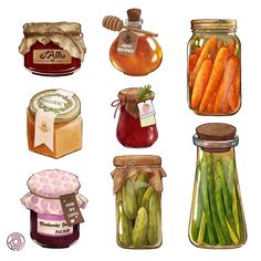 several jars filled with different types of vegetables and jams on top of each other