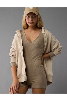 Super soft ribbed knit/Plunge v-neck Fitted V-neck Loungewear Sweater, Fitted V-neck Loungewear Sets, Ribbed V-neck Jumpsuit For Loungewear, Brown V-neck Jumpsuits And Rompers For Loungewear, Casual Ribbed V-neck Jumpsuits And Rompers, Lounge Romper, American Eagle Outfitters, American Eagle, Ribbed Knit