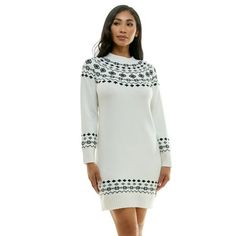 Embrace timeless style with this Fair Isle jacquard sweaterdress. The ribbed neckline and mock turtleneck offer a sophisticated look, while the intricate pattern adds a touch of charm. Perfect for both work and weekend wear, this versatile piece effortlessly transitions from day to night. Pair with tights and ankle boots for a polished ensemble. Size: XL.  Color: Off-White.  Gender: female.  Age Group: adult. Cream Jacquard Knit Sweater For Winter, Chic White Jacquard Knit Sweater, Winter White Jacquard Knit Sweater, Chic Jacquard Knit Mini Dress, Fall Jacquard Knit Long Sleeve Sweater Dress, Hooded Cardigan Sweater, Knit Sweater Coat, Rose Clothing, Gold Outfit