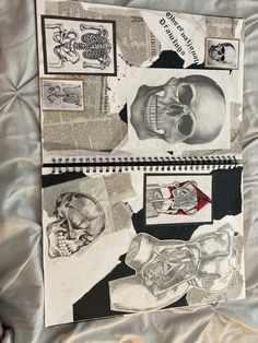 two pages of paper with drawings on them, one has a skull and the other is a human head