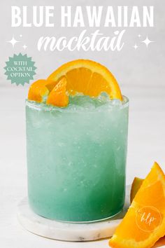 a blue hawaiian mocktail with an orange slice Teal Mocktails, Blue Ocean Mocktails, Blue Hawaiian Mocktail Recipe, Tropical Mocktails For Luau, Topo Chico Drinks Recipes Mocktail, Blue Mocktails Non Alcoholic Recipes, Blue Mock Tail, Hawaiian Mocktails Non Alcoholic, Blue Caraco Drinks Cocktail Recipes