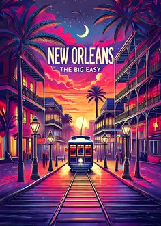 a trolley car traveling down a street next to palm trees and buildings at night with the words new orleans on it