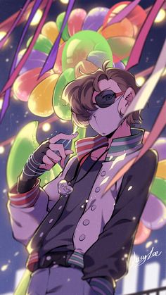 an anime character with glasses holding a cell phone in front of balloons and streamers