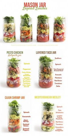 the mason jar is filled with different types of salads and ingredients to make it