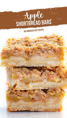 Three bars are stacked on each other on a white surface with a white background. Shortbread Apple Pie, Caramel Apple Shortbread Bars, Shortbread Pie Crust Filling, Apple Crisp With Shortbread Crust, Apple Crisp Shortbread Bars Recipe, Apple Pie Cookie Bars, Shortbread Apple Crisp Bars, Apple Crumble Slice, Apple Cake Bars