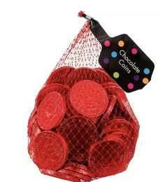 a red mesh bag filled with chocolate coins