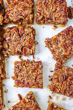 pecan bars cut into squares and arranged on a white surface with pecans in the background