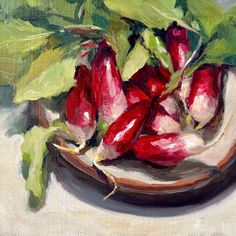 a painting of red peppers on a plate